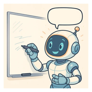 friendly futuristic robot writing on a whiteboard, with a speech bubble suggesting it is thinking or about to say something, friendly and expressive style, light colors, atmosphere of collaboration and help sticker
