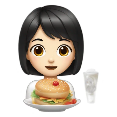 a girl with a black square hairstyle sits and eats Korean goodies sticker