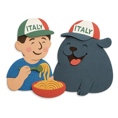 paper craft style guy in Italy eating pasta with a huge, happy, fat whale of a dog wearing an Italy hat sticker