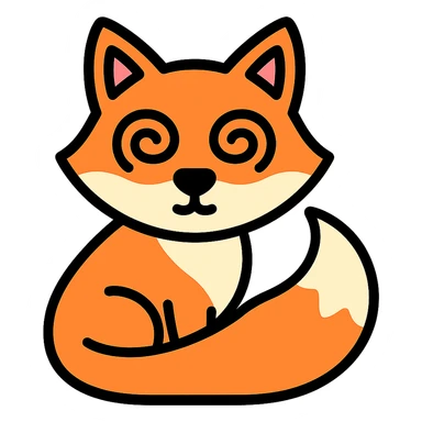 dizzy fox with spiral eyes, tail curled, no background sticker