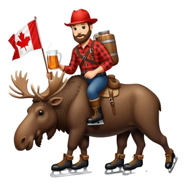 Canadian lumberjack wearing hockey skates, drinking from a jug maple syrup, carrying a furling Canadian flag, and riding on a moose sticker