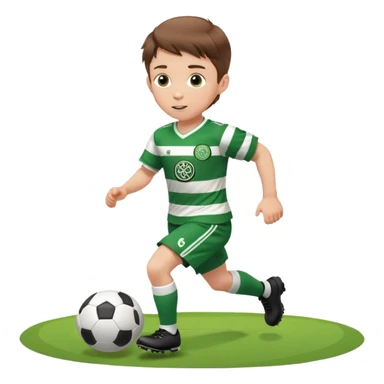 Celtic footballer jersey logo  6 years old brown hair white boy , stripes uniform , RUNNING  with soccer ball # 17 celtic football logo  sticker