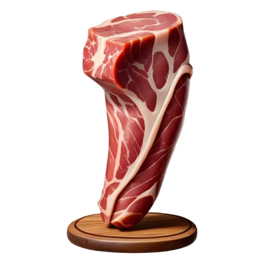 ​Cinematic Realistic Spanish Jamón Leg, depicted as a massive, cured leg of Jamón serrano with a deep reddish-brown hue, intricately marbled and slightly glossy with age, elegantly displayed on a rustic wooden stand and bathed in warm, soft lighting that accentuates its artisanal heritage, sticker