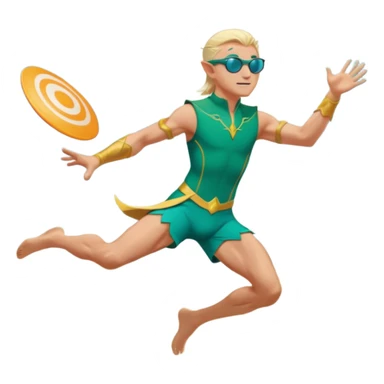 elf male legolas launching a frisbee woven from pure sunlight, wearing sporty teal swim shorts and performance sunglasses, pointy ears, dynamic motion lines, beach sky backdrop, centered emoji sticker