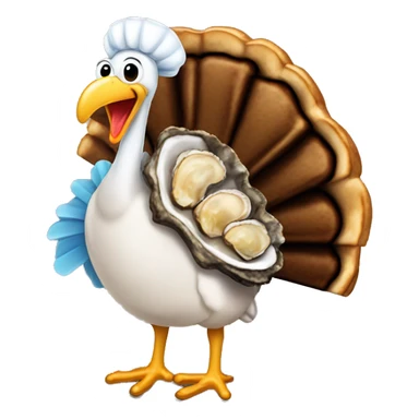 Standing Turkey next to very Burnt dark toast and oysters sticker