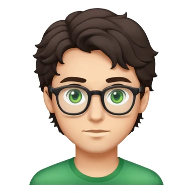young man with dark slightly curled hair wearing glasses with green eyes sticker