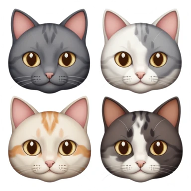 4 different coloured short haired cats including; a dark brown and white cat, and a dark grey and white  sticker