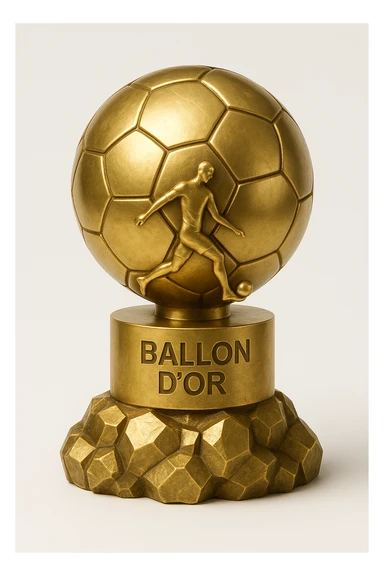Add a footballer silhouette to the Ballon d'Or trophy, keeping a stylized cartoon gold look with sparkles and a simple background. sticker