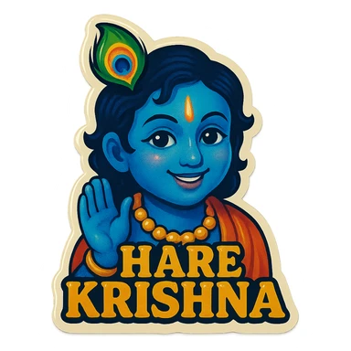 Hare Krishna themed sticker, Krishna with a peacock feather crown, smiling, no text sticker