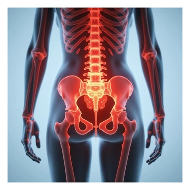 Anatomical view of piriformis muscle on a standing woman, highlighted in red in the gluteal region, bones and other muscles visible in transparency, frontal view, hyperrealism 4K, white background sticker