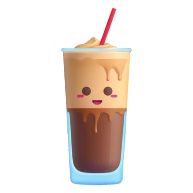 A 3D style emoji of Vietnamese iced coffee in a glass with a straw and a coffee drop on the glass, highlighting the glass and the coffee drips. sticker