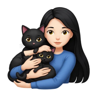 A girl with long black hair, lying down with her black cat while hugging each other. sticker
