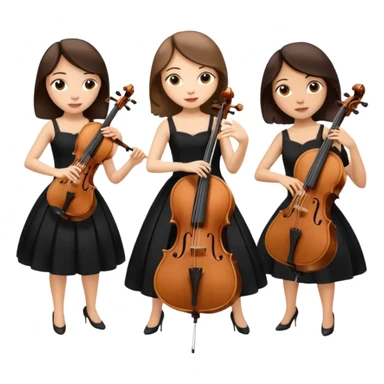 Create an imagine of three brunette women playing string instruments in black dresses, the first is playing a cello, the second is playing a viola and the third is playing the violin sticker