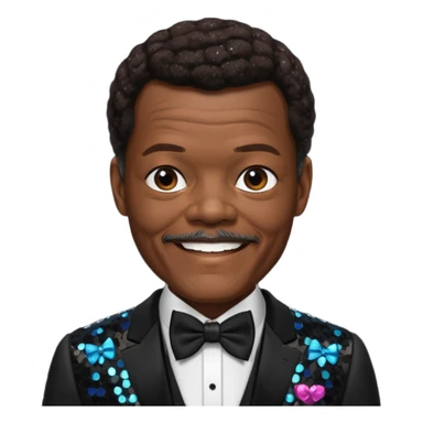  Samuel L Jackson with dark brown hair, black sequin suit with bow tie sticker