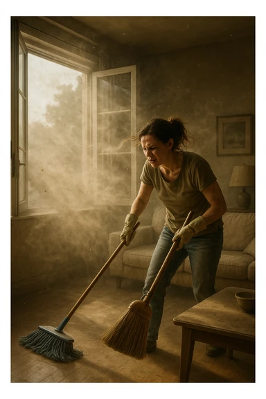 A realistic, cinematic image of a person cleaning a living room with a mop and broom, windows wide open letting in a strong gust of wind. Through the open windows, thick clouds of dust, pollen, and small debris visibly swirl into the room, floating in sunbeams that highlight the particles in the air. The person looks frustrated and tired, mid-action sweeping but clearly battling the incoming dust. Around the room, some furniture and surfaces already show a thin layer of dust settling. The scene is bathed in natural daylight with a slightly hazy atmosphere due to the airborne dust. The color palette uses warm, muted tones emphasizing the contrast between cleanliness efforts and the stubborn dirt and dust invading the space. The focus is on the tension between trying to clean and the unavoidable mess coming in from outside. sticker