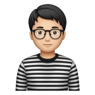 asian man with black curtains styled hair in striped sweater standing and in glasses sticker