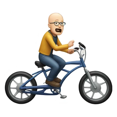 A half bald man riding a bike with a thought bubble yelling band sticker