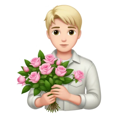 A cool bad boy with fair skin holding a bouquet of pink jasmine roses sticker