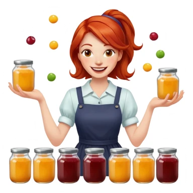 redhead woman juggling with 3 glass jars with jam sticker