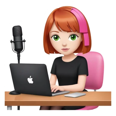  Redhead Bob with fringe with green eyes sat at desk with pink MacBook and  podcast microphone black top and pink chair  sticker