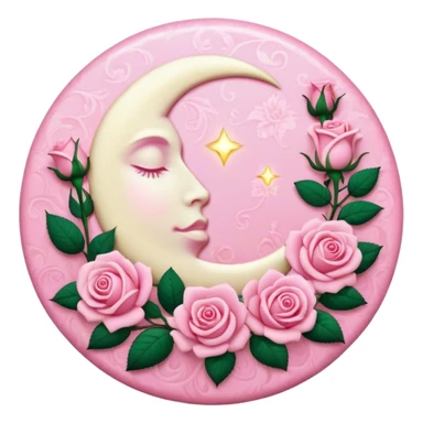 A round pink button with a light cream full damask moon and pink roses in the center sticker