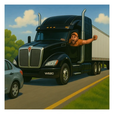 Zoom the scene out even farther, showing more of the road and landscape, with the black Kenworth W680 semi truck featuring a chrome stack, an angry bald driver wearing an orange shirt and baseball cap with his arm out the window, following a car. The scene should remain bright and vibrant. sticker