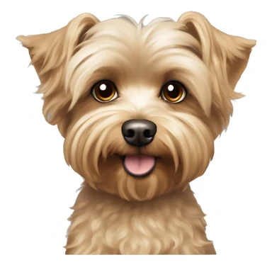 yorkie bichon mix. dog with light tan curly fur, long ears down. dark brown eyes, looks sadish. sticker