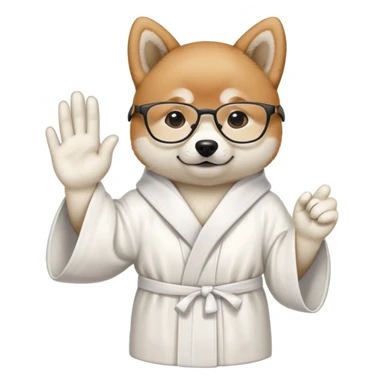 a Shiba Inu puppy wearing a white professor robe and glasses showing a piece sign with a hand sticker