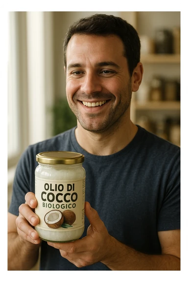 realistic and cinematic style portrait of a smiling man choosing organic coconut oil, face and features similar to reference photo, holding a jar of coconut oil with Italian label 'Olio di Cocco Biologico', bright atmosphere, vertical 2:3 aspect ratio sticker