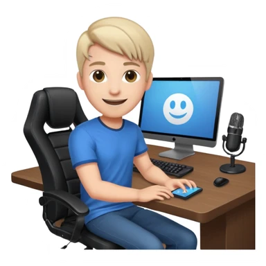 a setup of a youtuber, with a desktop pc on a table, a gaming chair, microphone, ring light sticker