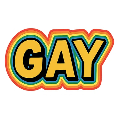 the word GAY in blocky comic font with rainbow outline sticker