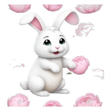 cute white bunny holding light pink peonies sticker