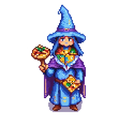 A wizard holding a pizza, 8-bit colors, simple and blocky design. sticker