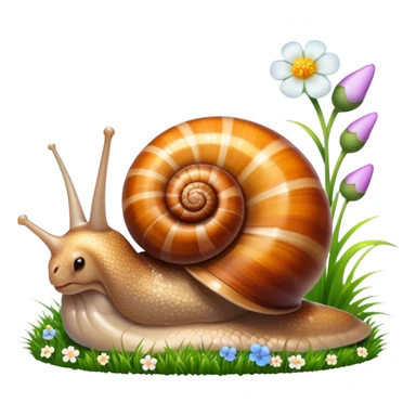Close-up of large home snails inside a terrarium, showcasing their soft, spiral shells and glistening bodies, with a gentle light highlighting their details. With stones and grass and flowers. Transparent background. sticker