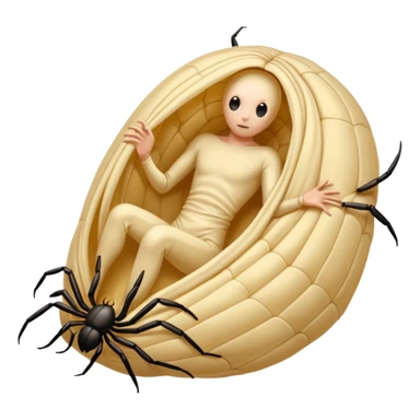 A full body image of a a human-shaped cocoon wrapped in spider silk.
The rounded, segmented wrapping and the faint lines across the surface resemble the way spiders encase prey (or unlucky characters) in silk this is meant to be a web-wrapped human body sticker