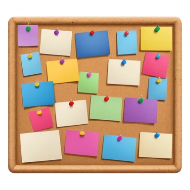 board with pinned photos and notes sticker