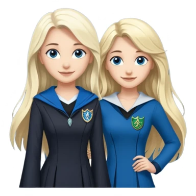 a pretty ravenclaw girl with long dark brown hair and blue eyes standing with a hot Slytherin girl with long blonde hair, blue eyes and big boobs  sticker