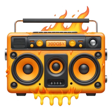 A cute 3D emoji of a retro boombox speaker with a funny shocked face, melting into orange and yellow flames, vibrant "fire" colors, high-end 3D render, white background. (This is a recreation of the fire emoji) sticker
