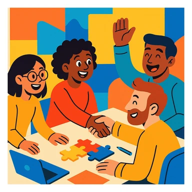 team building, group of diverse people working together, cheerful atmosphere, vibrant cartoon style sticker