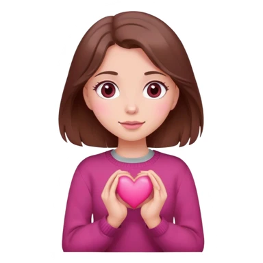 A girl with brown hair smiles, gray eyes, wearing a burgundy sweater, holding a pink heart in her hands sticker