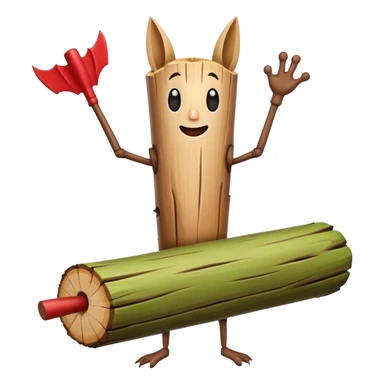 The character is an anthropomorphic wooden log with a cartoonish face, human arms and legs, and a long wooden bat, giving it a surreal, humorous appearance. sticker