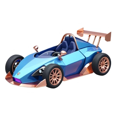 dark crystal blueberry and rosegold-accented cyber faceted-body electric drift-racing car driven by a small cute relaxed chameleon with rear spoiler, roll bar, and wheely bar sticker