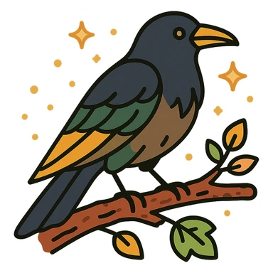 A mysterious crow perched on a branch, surrounded by a soft, magical atmosphere. The crow’s feathers are deep, dark hues with hints of golden orange (FA9B41), forest green (4A7C5C), muted taupe brown (96775A), and pastel peach (FFCC9A) subtly blending into its plumage. The branch is weathered and textured, with small leaves in green and peach tones, and delicate flowers or tiny sparks floating around. The lighting is soft and ambient, casting a warm, mystical glow over the scene, creating a quiet yet enchanting atmosphere. The crow’s sharp eyes and poised posture add to the mysterious, slightly gothic vibe of the moment. sticker