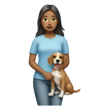 a girl wear light blue clothes and with a cute dog sticker