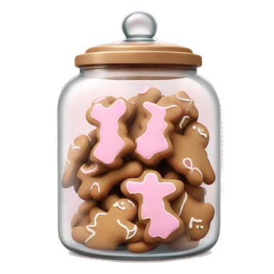 Realistic glass cookie jar with light pink lid full of gingerbread cookies isolated.  sticker