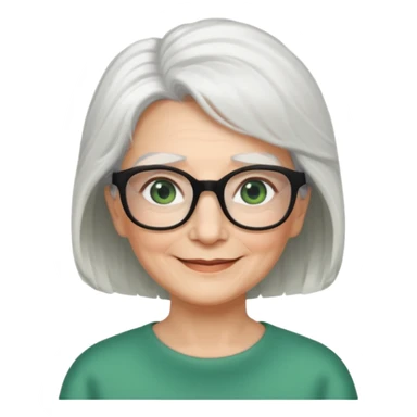 White hair grandma, green eyes, hair to shoulder, lokeg black glasses, rectangles face, smile , sticker
