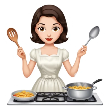 Beautiful woman in 1950’s woman fashion look, white dress, long dark brown hair, cooking sticker