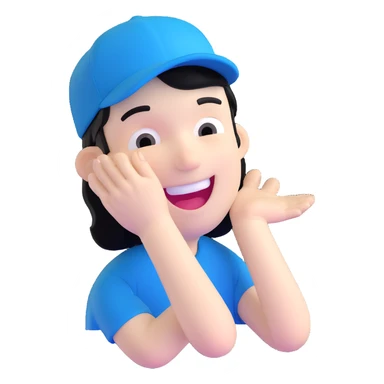man with black hair and white skin wearing a blue cap hat, laughing sticker