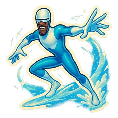 Frozone character in retro stickers style, dynamic pose, icy effects, bold outlines, vibrant colors sticker