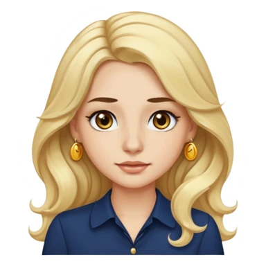 female with long wavy blonde hair, brown eyes, small gold nose stud, black eyeliner, navy blue blouse, emoji style sticker